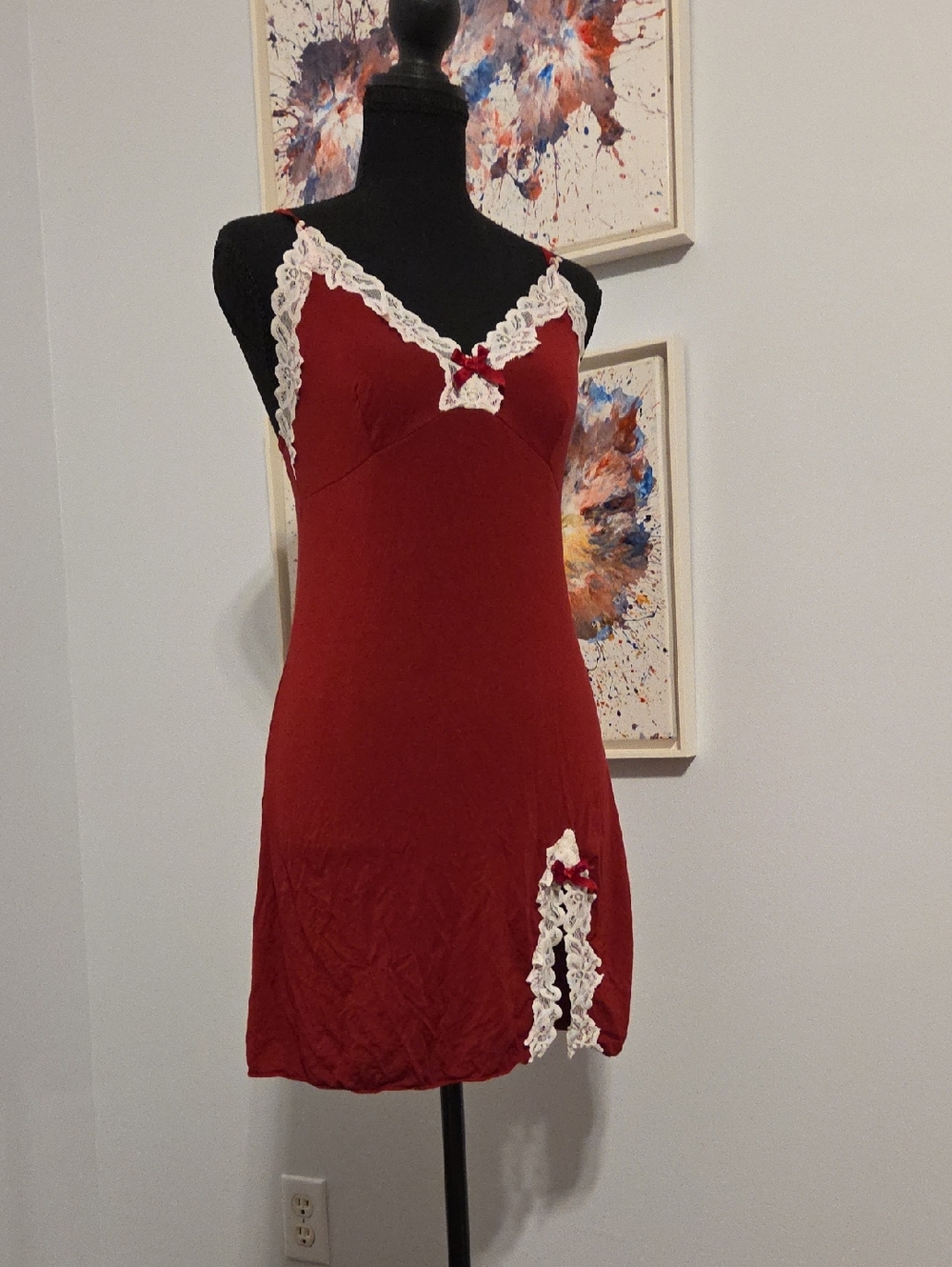 Lace Trim Burgundy Slip Dress with Ivory Accents